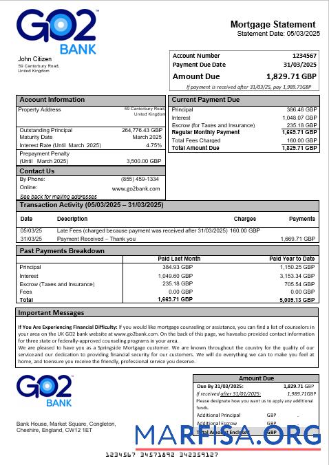 Downloadable United Kingdom GO2 bank mortgage statement in Word and PDF formats download for verification